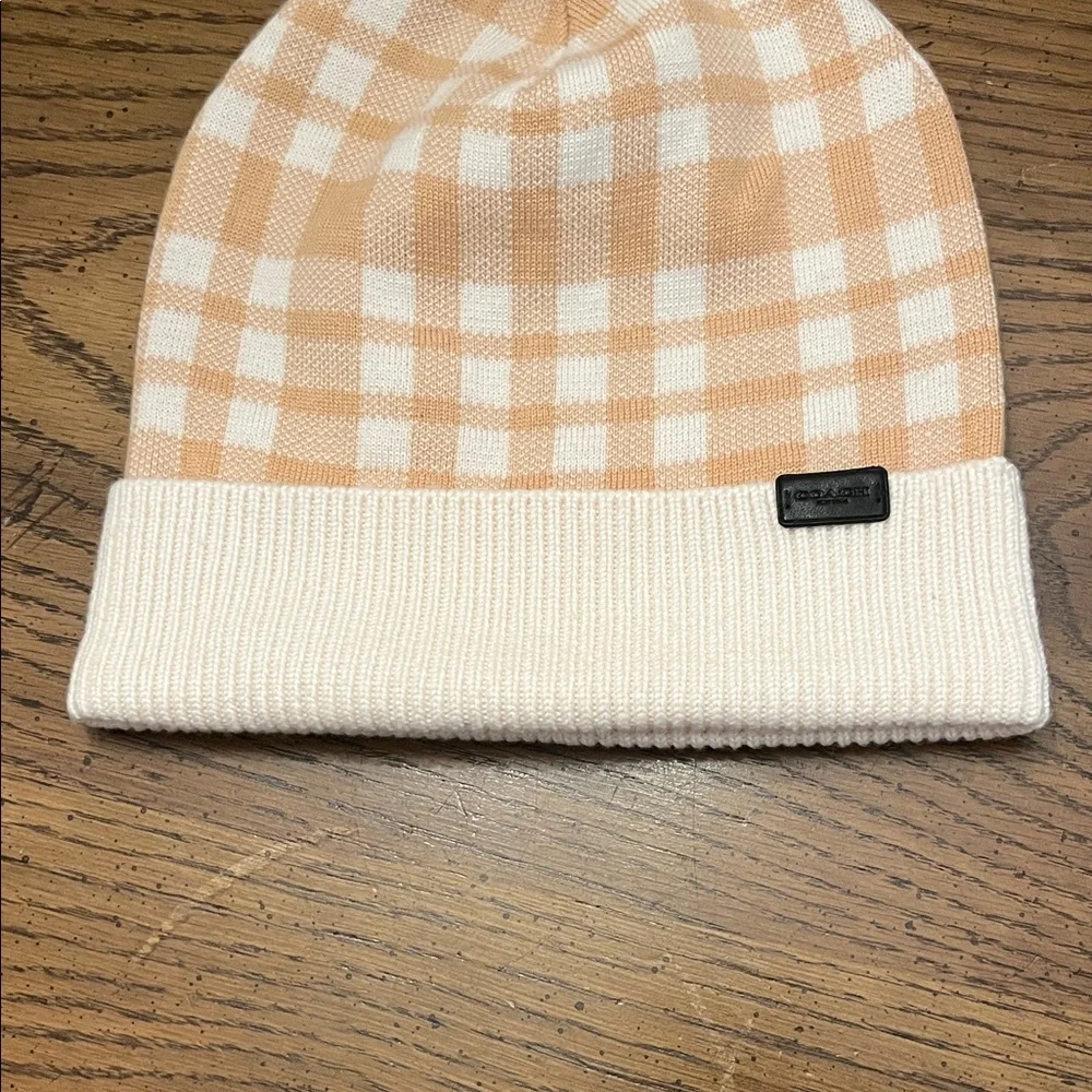 Coach Plaid‎ Beige and White Pom Pom Beanie
